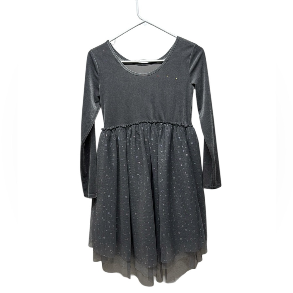 Girls Cat & Jack Long Sleeve Dress Princess Gray velour Sparkle Stars L 10/12